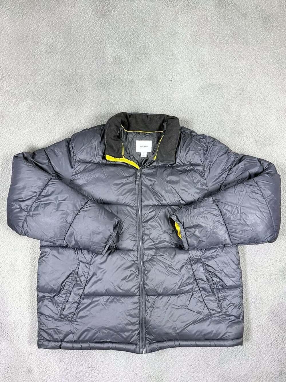 Old Navy Men's Black Puffer Jacket XL with Yellow Accent Lining